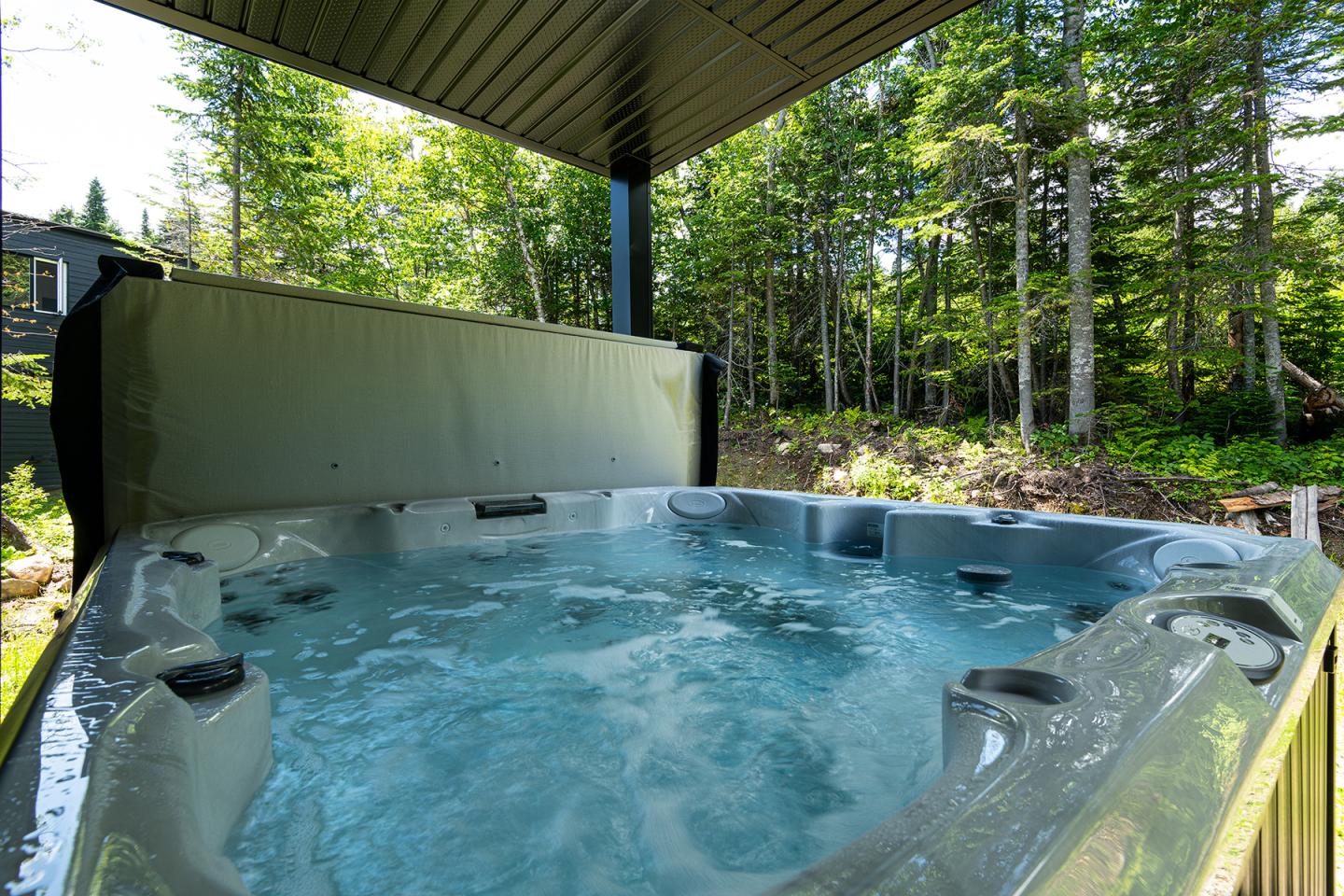 Spa extérieur sous abri, entouré d'arbres.