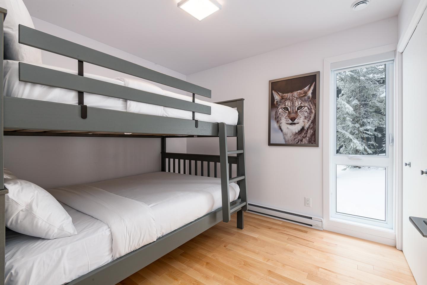 Lit superposé dans une chambre avec poster de loup et fenêtre enneigée.