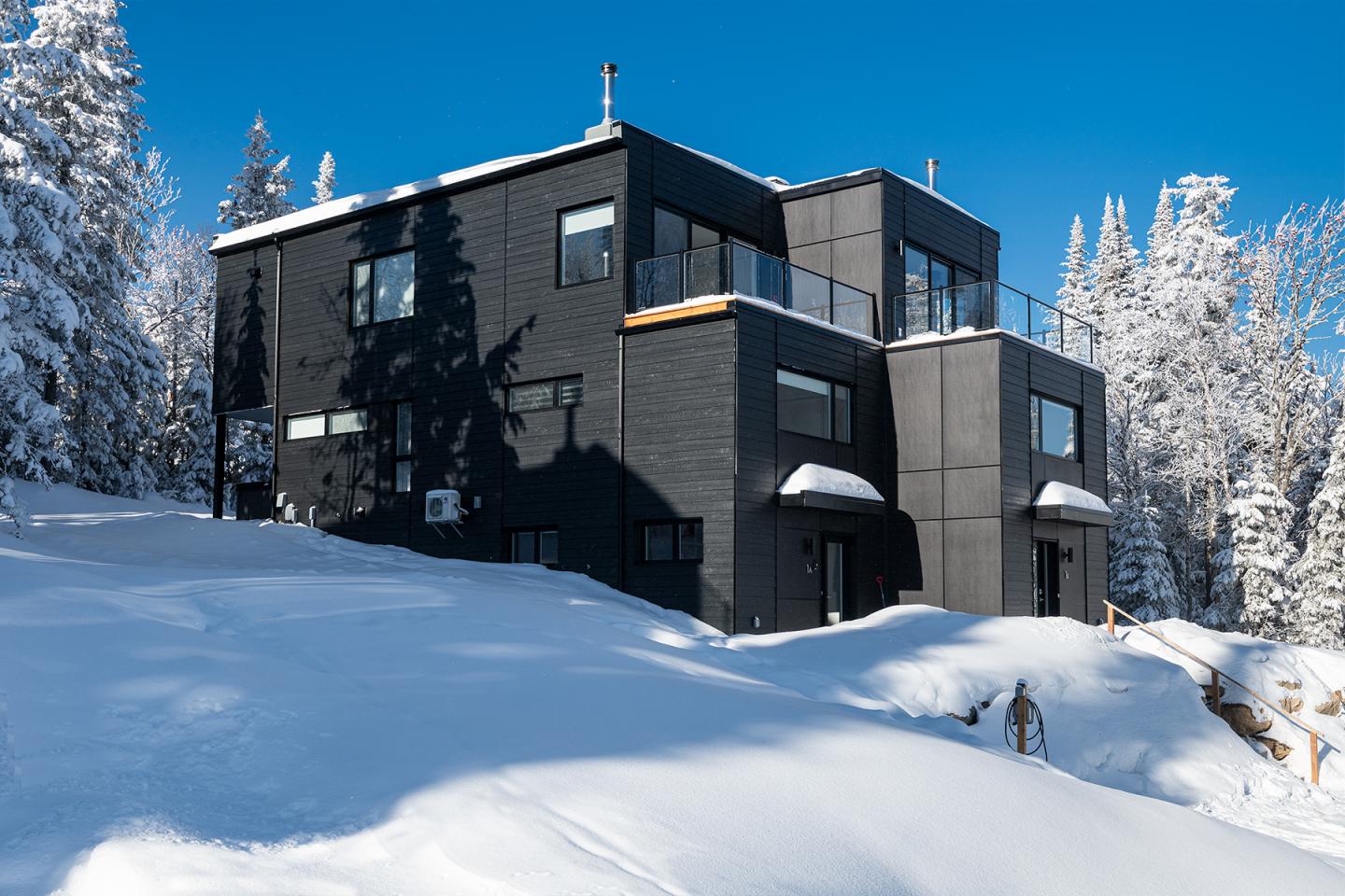 Maison moderne noire dans un paysage enneigé, ciel bleu clair.