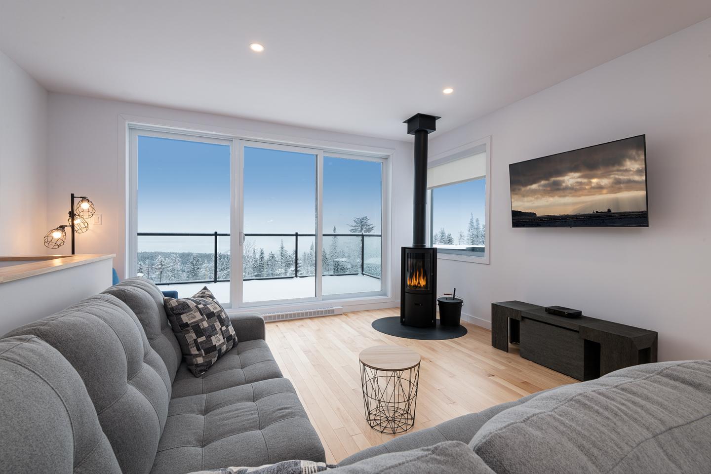 Salon moderne avec canapé gris, cheminée, et grande fenêtre avec vue sur la neige.