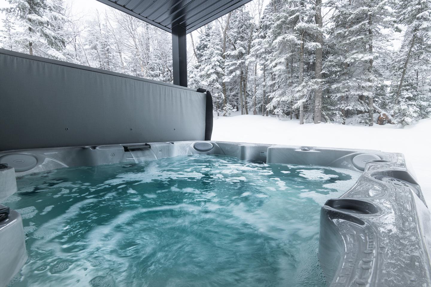 Spa extérieur entouré de neige et de sapins.