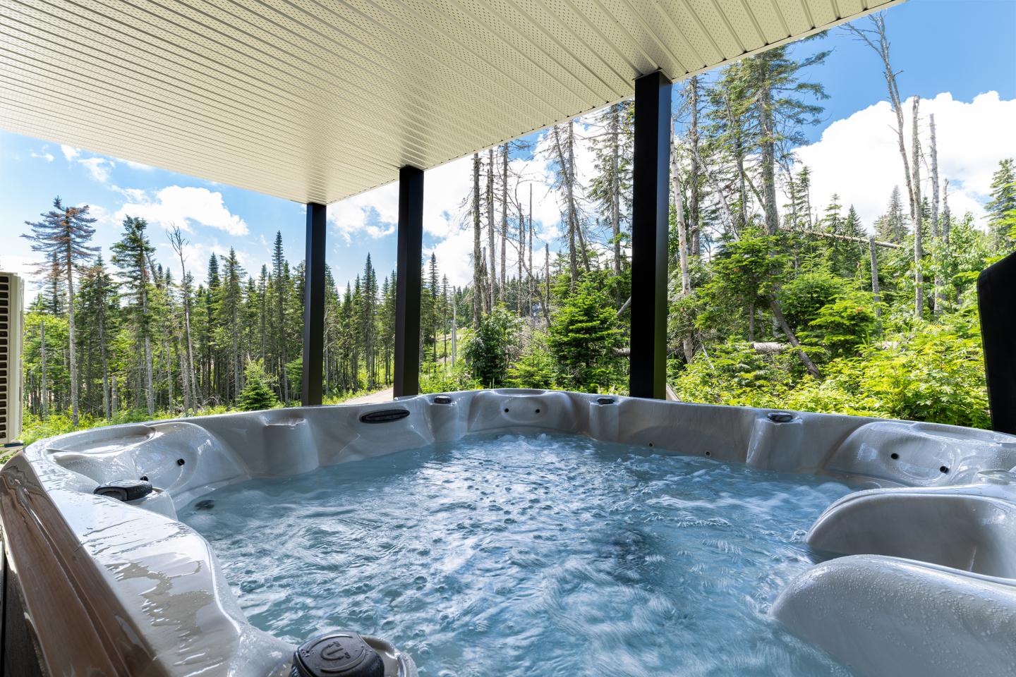 Jacuzzi extérieur avec vue sur forêt sous un ciel bleu.