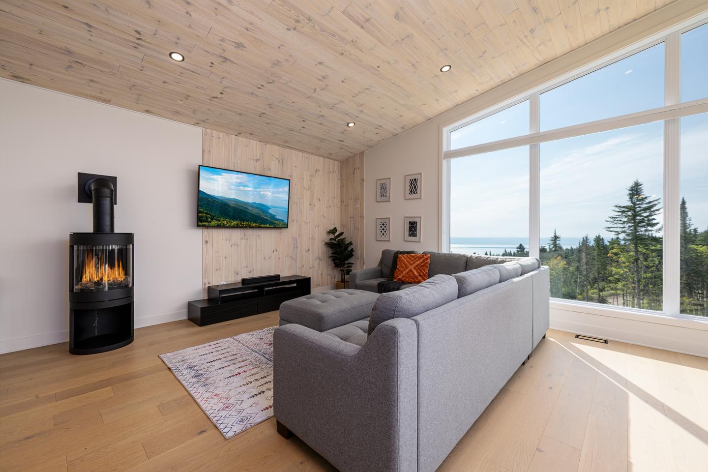 Salon moderne avec canapé gris, cheminée, télévision et grande fenêtre offrant vue sur la forêt.