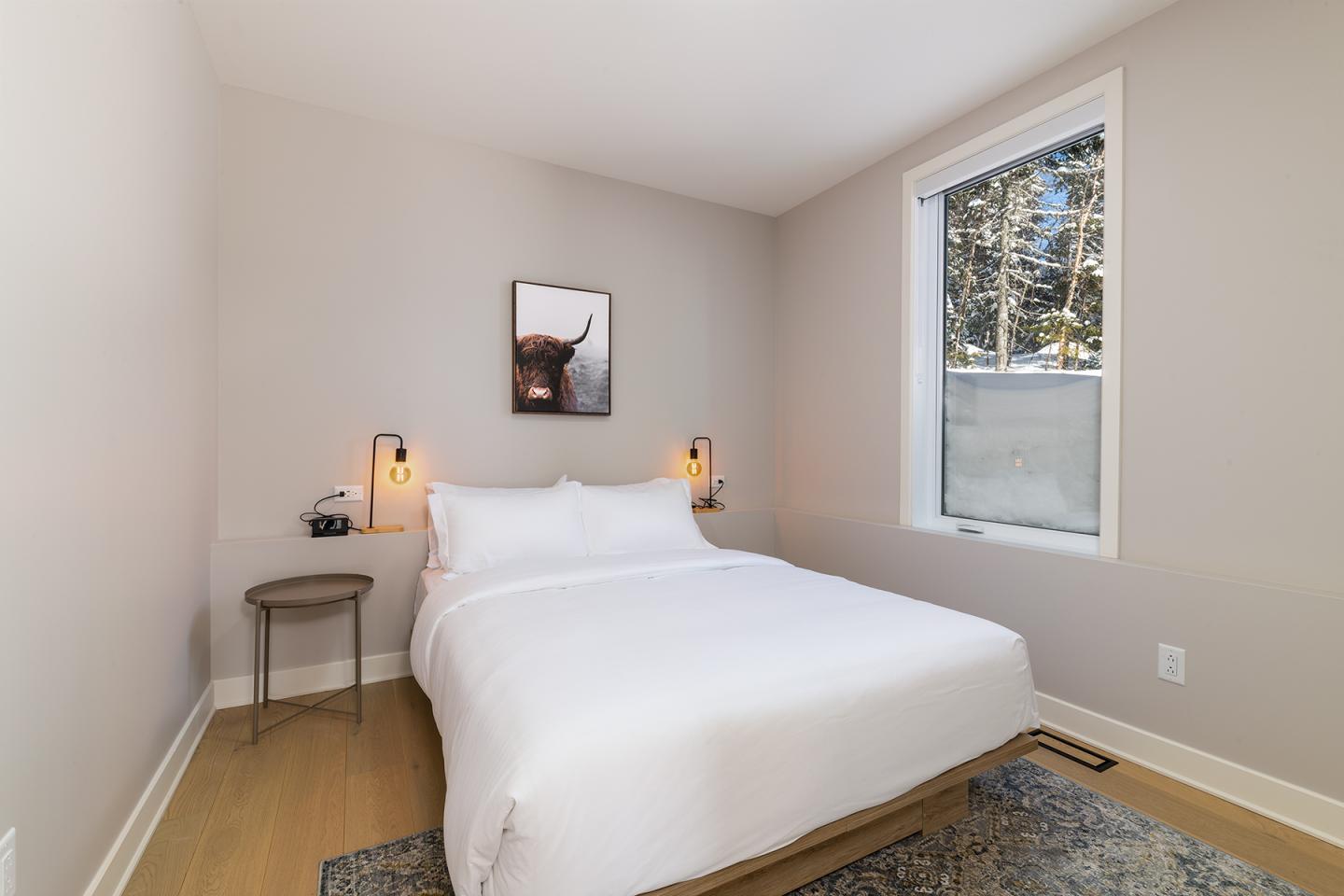 Chambre lumineuse avec lit blanc, tableau animal et fenêtre avec vue sur forêt enneigée.