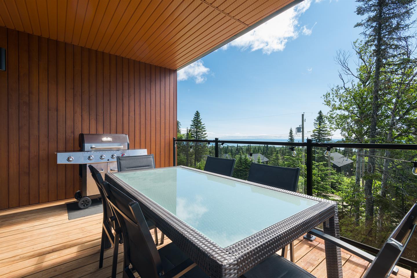 Terrasse en bois avec barbecue, table à manger, vue sur forêt et ciel bleu.