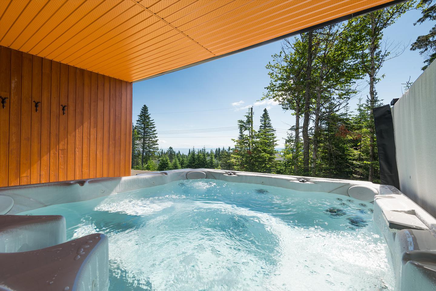 Spa en extérieur avec vue sur forêt luxuriante et ciel bleu.
