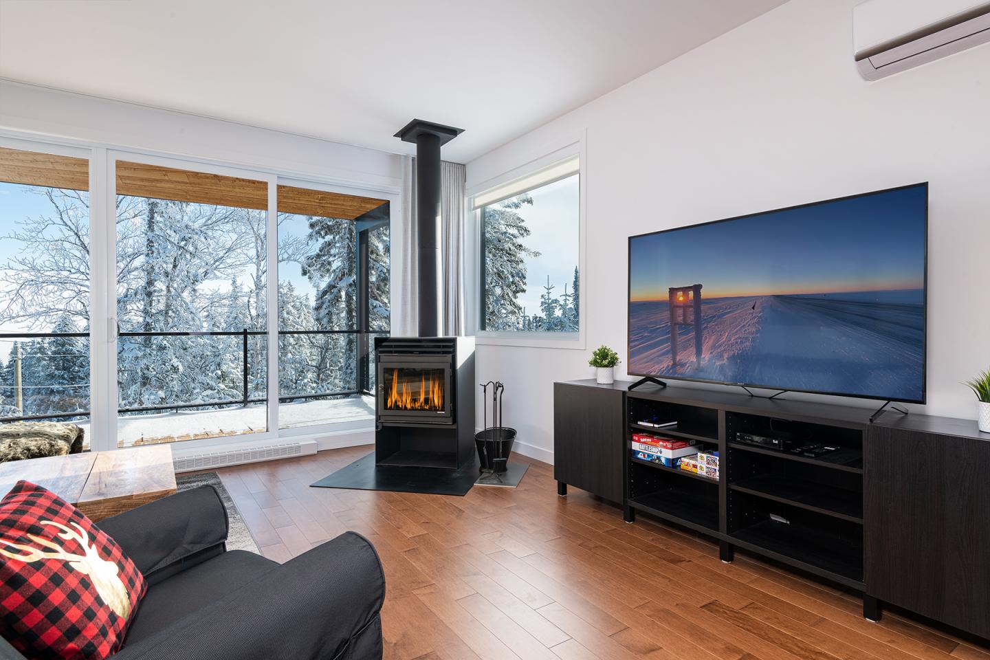 Salon moderne avec cheminée, télé grand écran et vue sur paysage enneigé. 