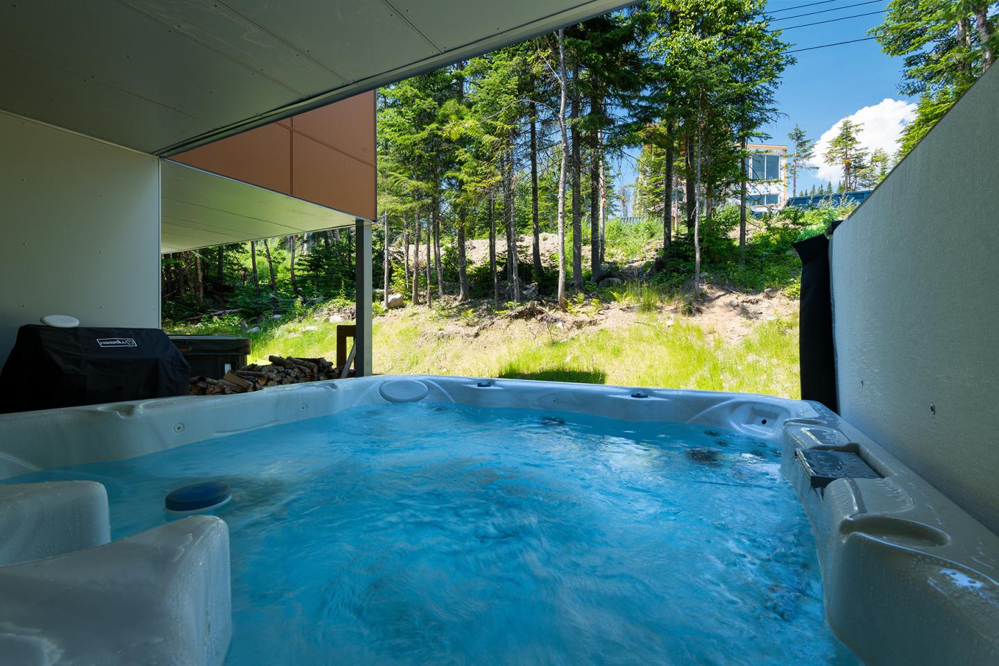 Spa extérieur avec vue sur forêt verdoyante.