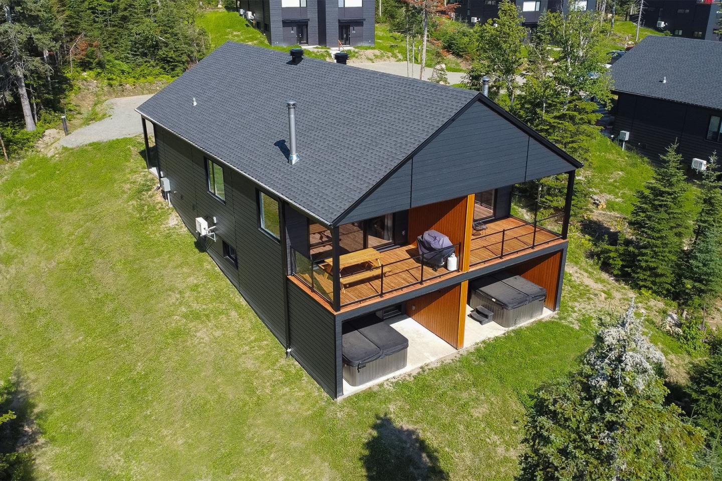 Maison moderne en bois noir avec terrasse, entourée de verdure et d'arbres.