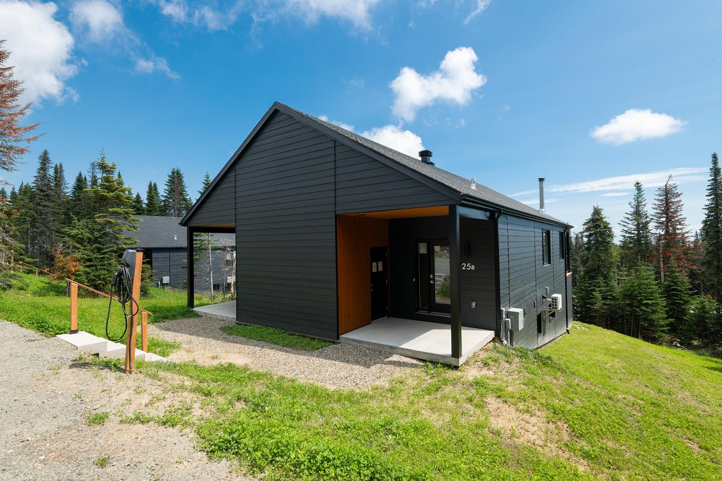 Maison moderne en bois noir, ciel bleu et forêt en arrière-plan.