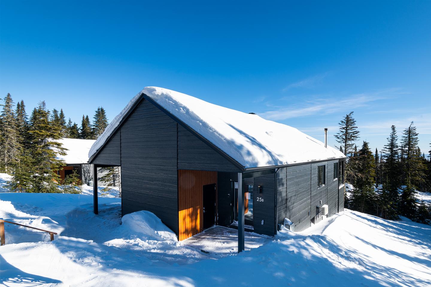 Chalet enneigé sous un ciel bleu, entouré de pins.