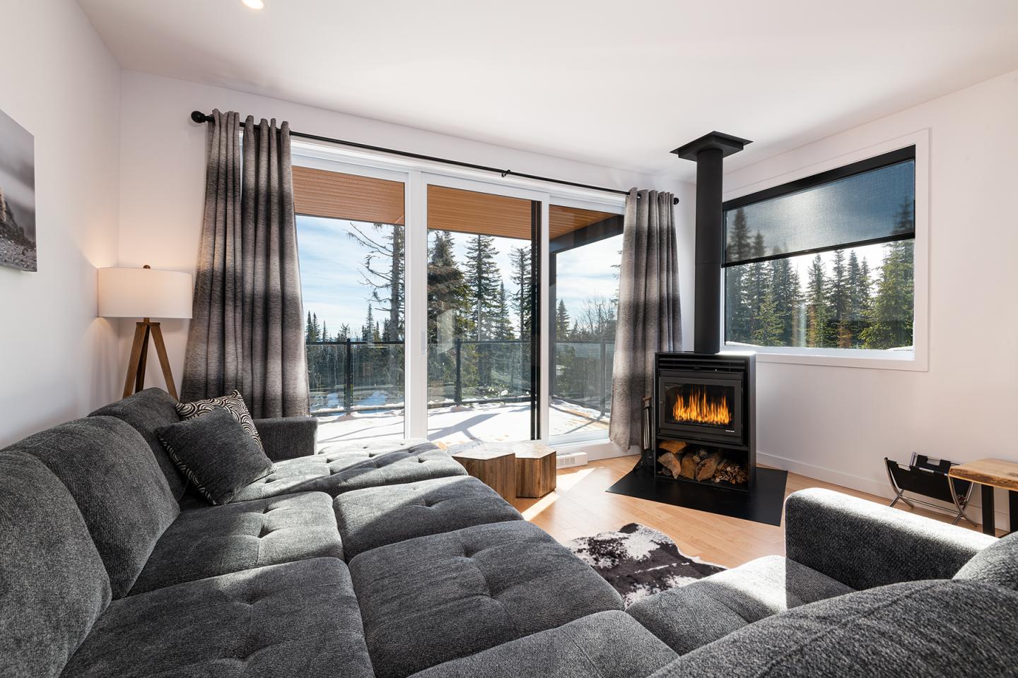 Salon moderne avec canapé gris et cheminée, vue sur la forêt enneigée.
