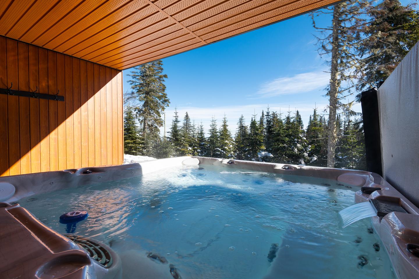 Spa extérieur en bois avec vue sur la forêt enneigée et ciel bleu.