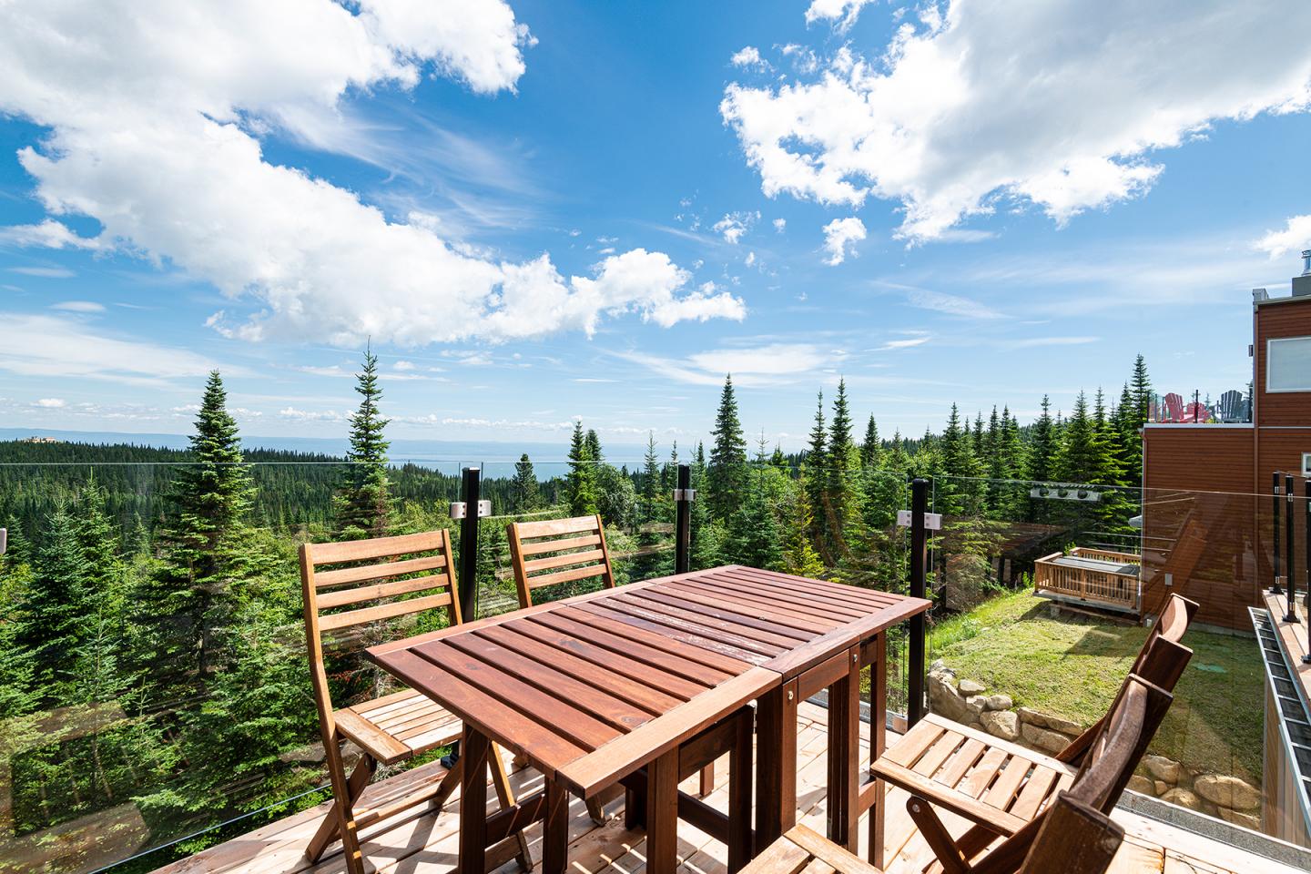 Terrasse en bois avec vue sur forêt et ciel bleu.