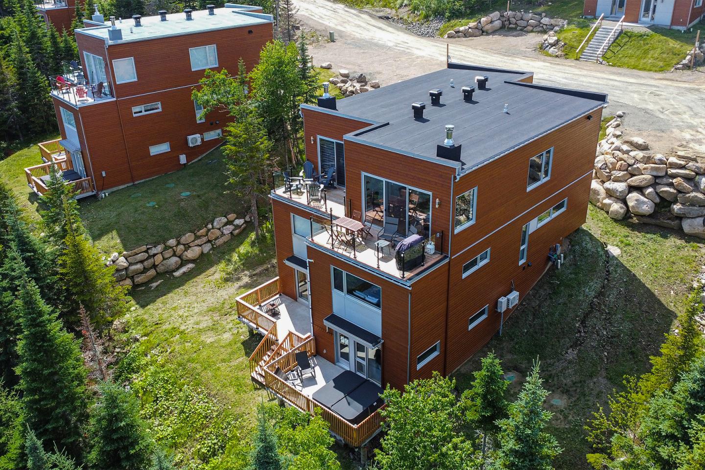 Maisons modernes en bois rouge entourées de sapins, vue en hauteur.