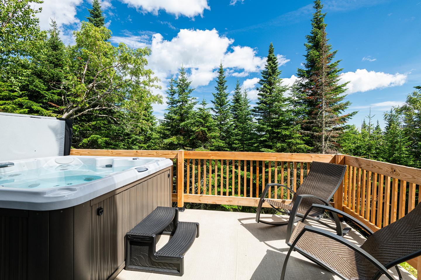 Bain à remous sur une terrasse en bois, entouré de chaises, sous un ciel bleu et des arbres.