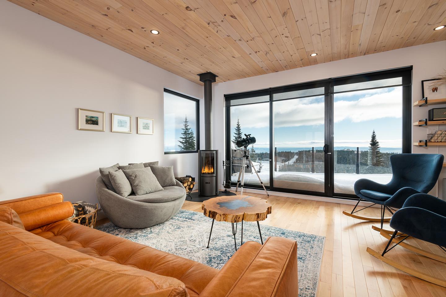 Salon moderne avec canapés, poêle à bois et vue sur des montagnes enneigées.