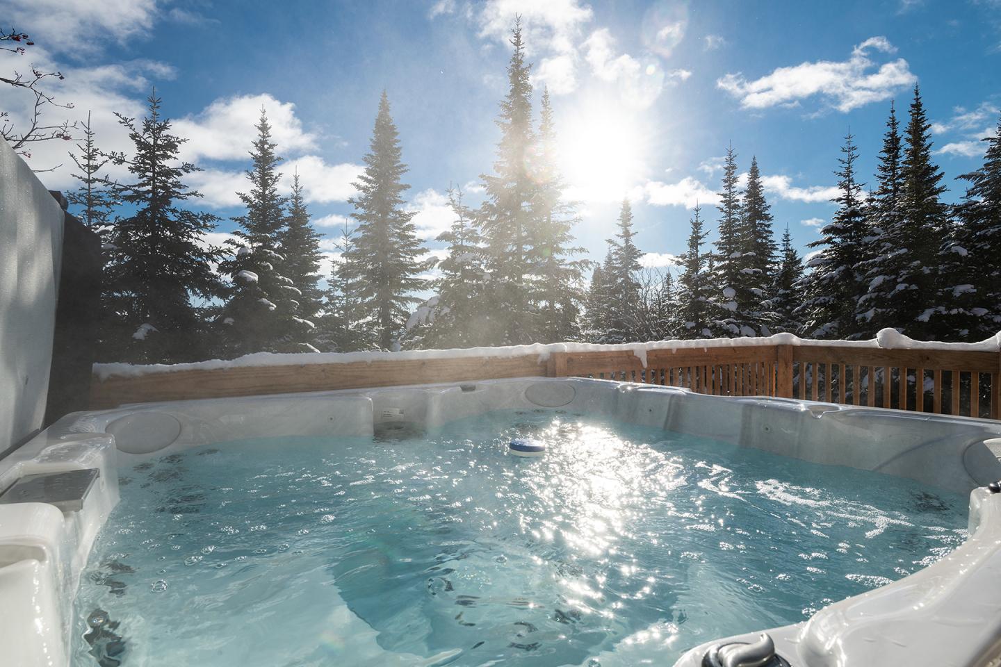 Jacuzzi extérieur ensoleillé entouré de sapins enneigés.