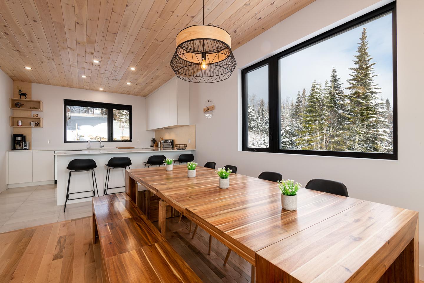 Salle à manger moderne avec table en bois, plantes, et fenêtres avec vue sur arbres enneigés.