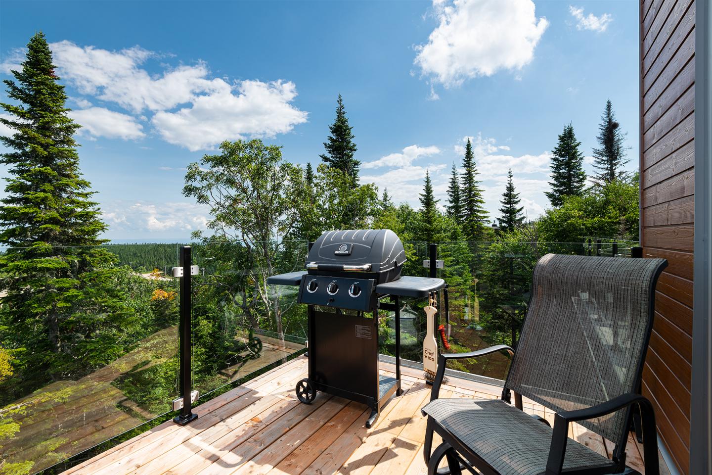 Terrasse en bois avec barbecue et chaise, vue sur la forêt verdoyante.