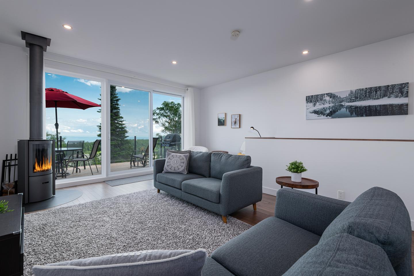 Salon moderne avec canapé gris, table basse, poêle à bois; vue sur terrasse et arbres par baie vitrée.