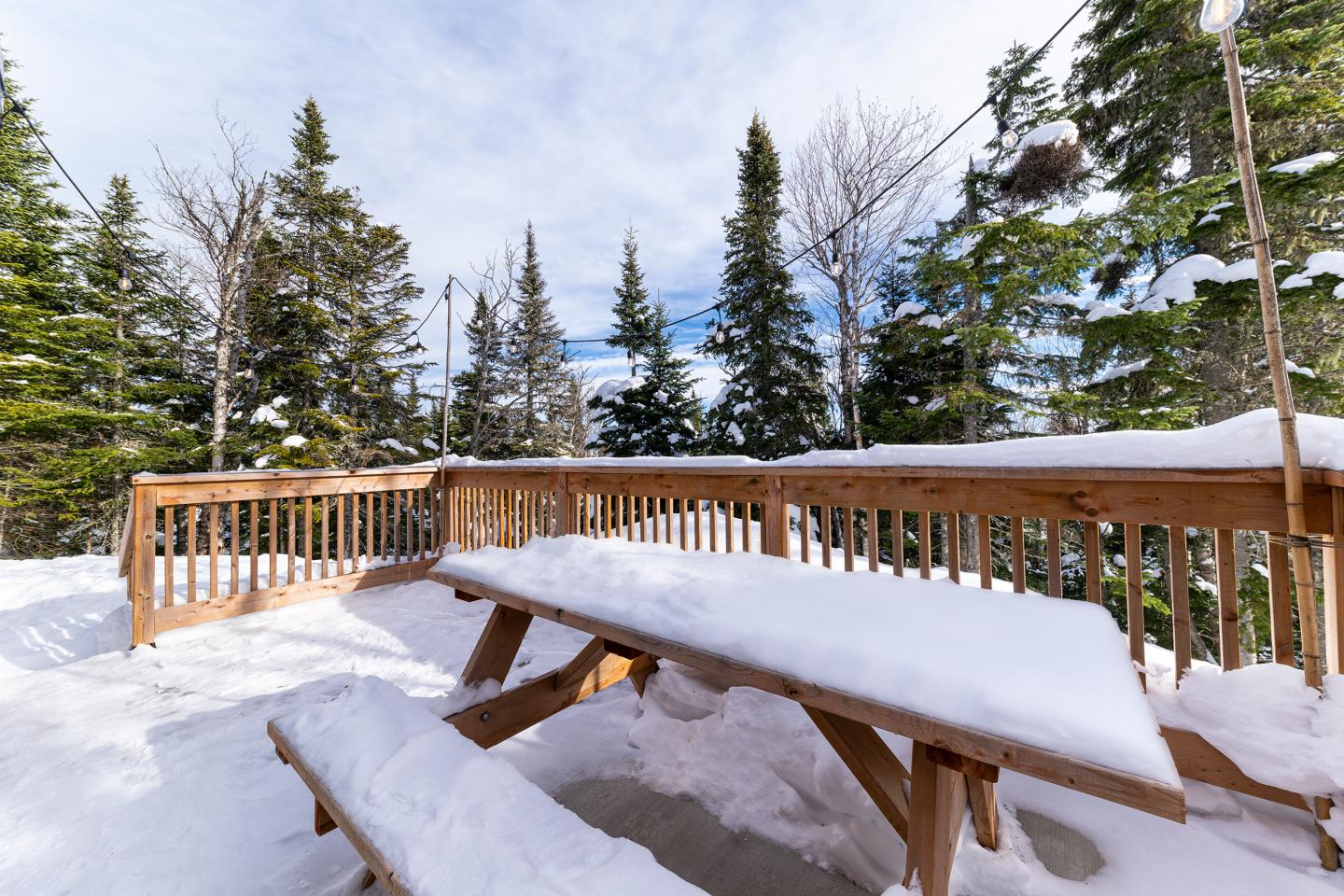 Table enneigée sur terrasse en bois, entourée d'arbres verdoyants.