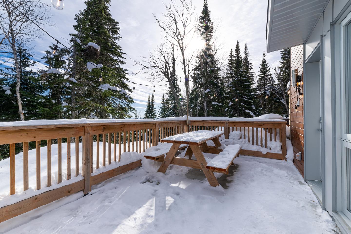 Terrasse enneigée avec table en bois, entourée de sapins.