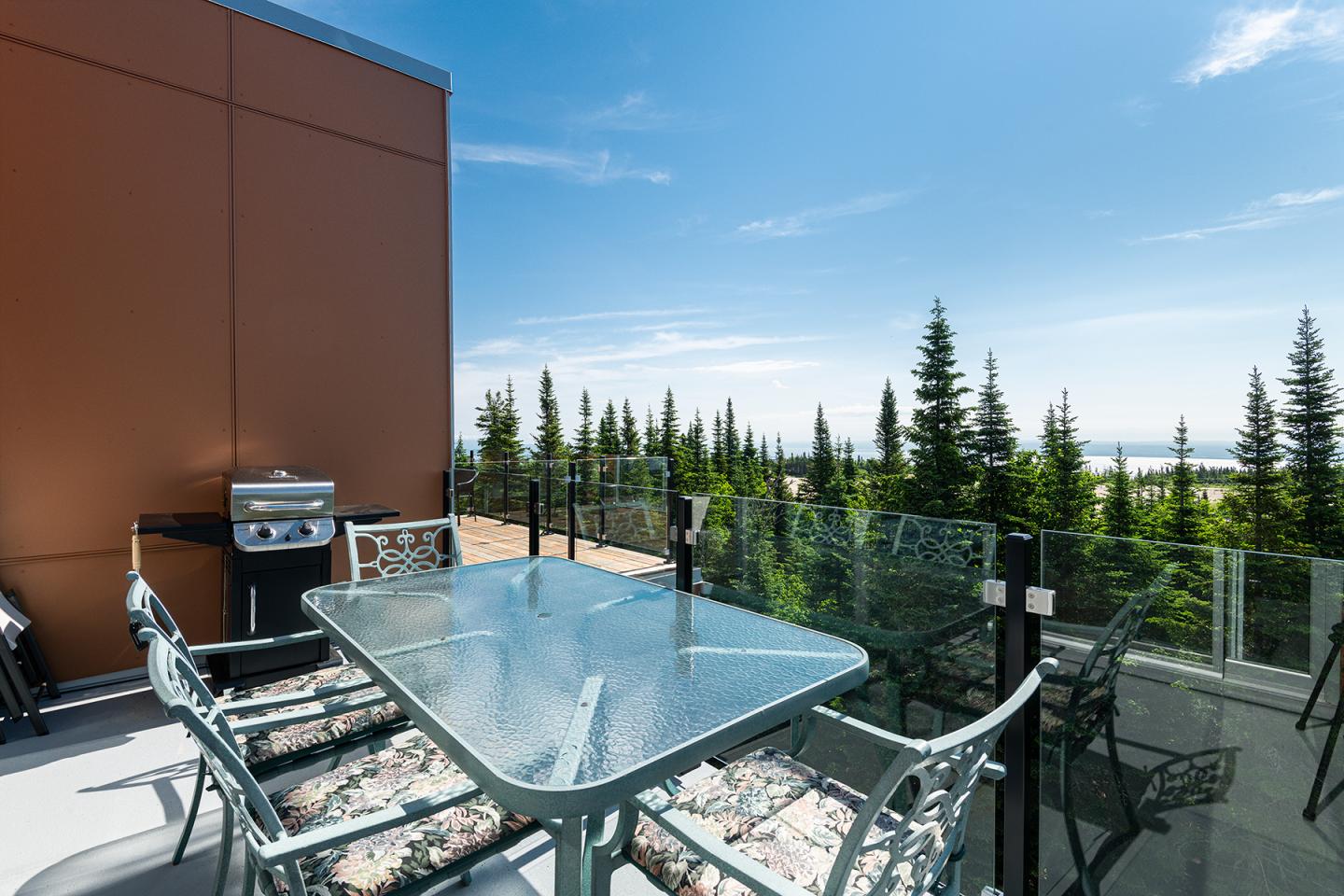 Terrasse avec table en verre, chaises et vue sur les arbres et le ciel bleu.