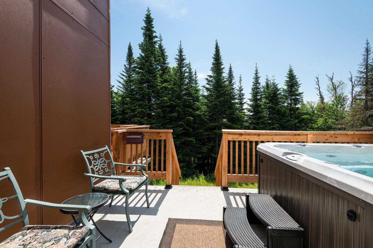 Terrasse avec jacuzzi, chaises en métal, forêt de sapins en arrière-plan, ciel bleu.