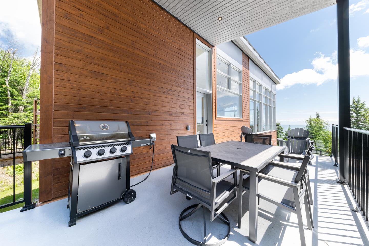 Terrasse en bois avec barbecue, table et chaises, vue sur jardin.