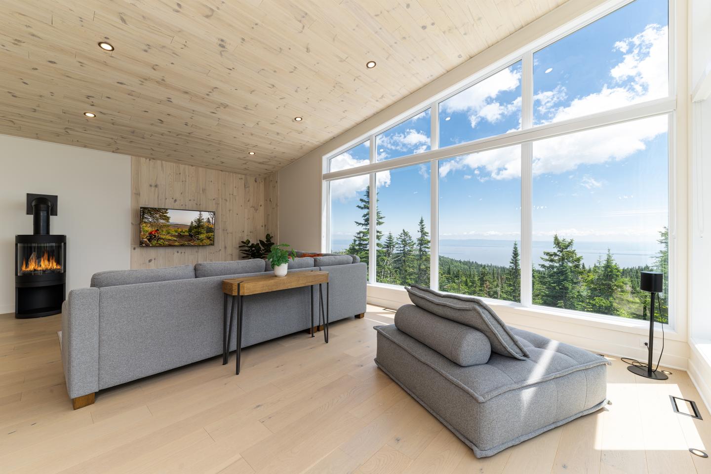 Salon lumineux avec canapés gris, grande baie vitrée et vue panoramique sur forêt et ciel bleu.