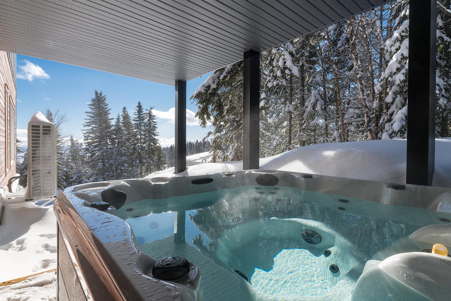 Jacuzzi extérieur sous abri, entouré de neige et de sapins.