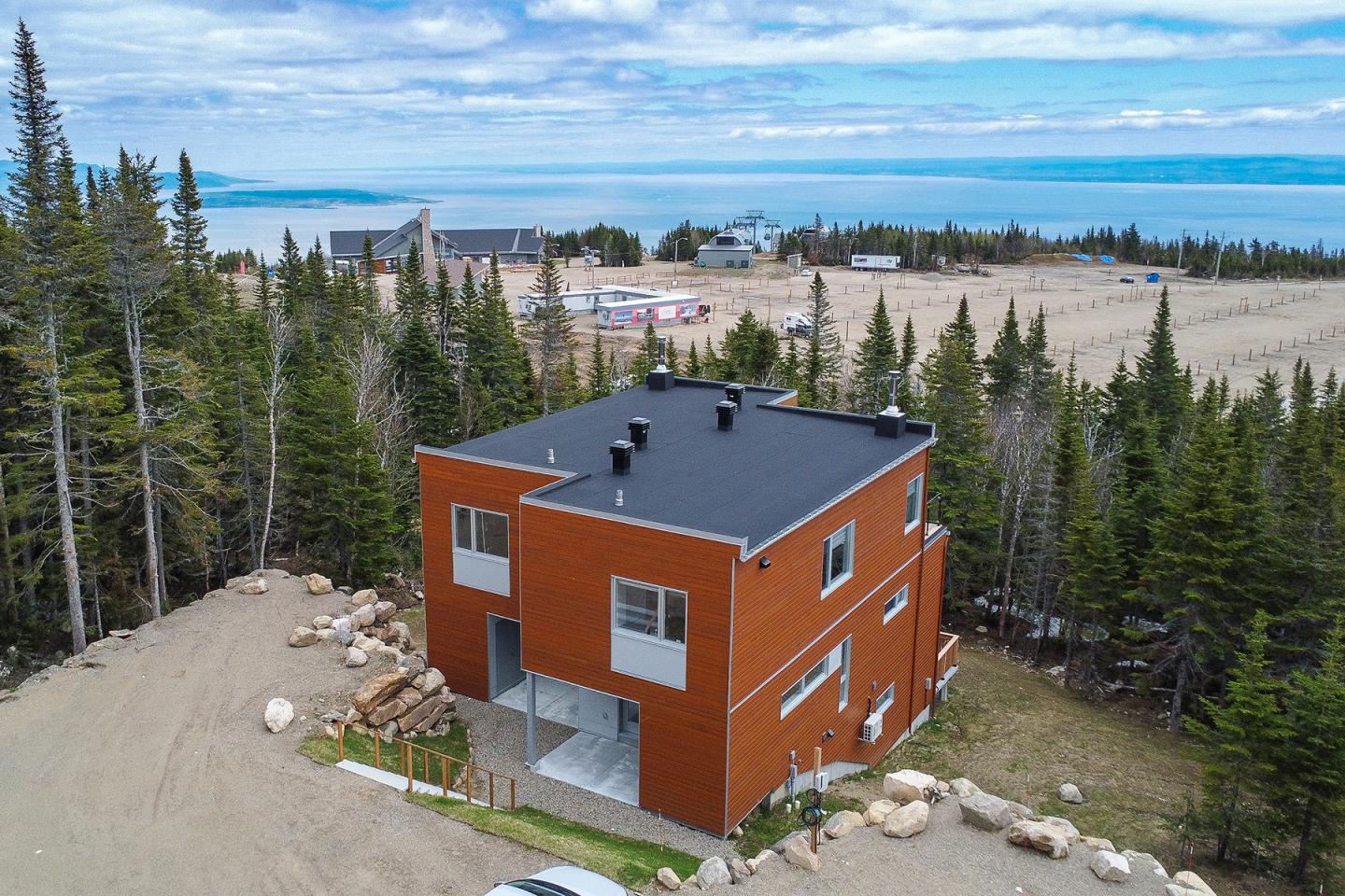 Maison moderne en bois au milieu d'une forêt, vue sur la mer en arrière-plan.