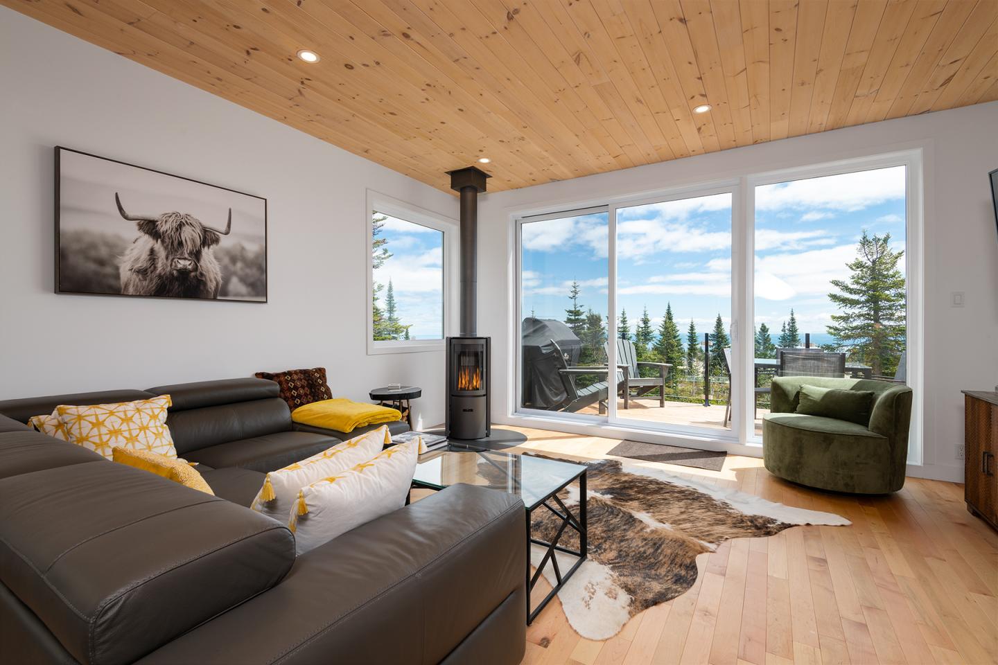 Salon moderne avec canapé en cuir, cheminée, vue extérieure sur la forêt.