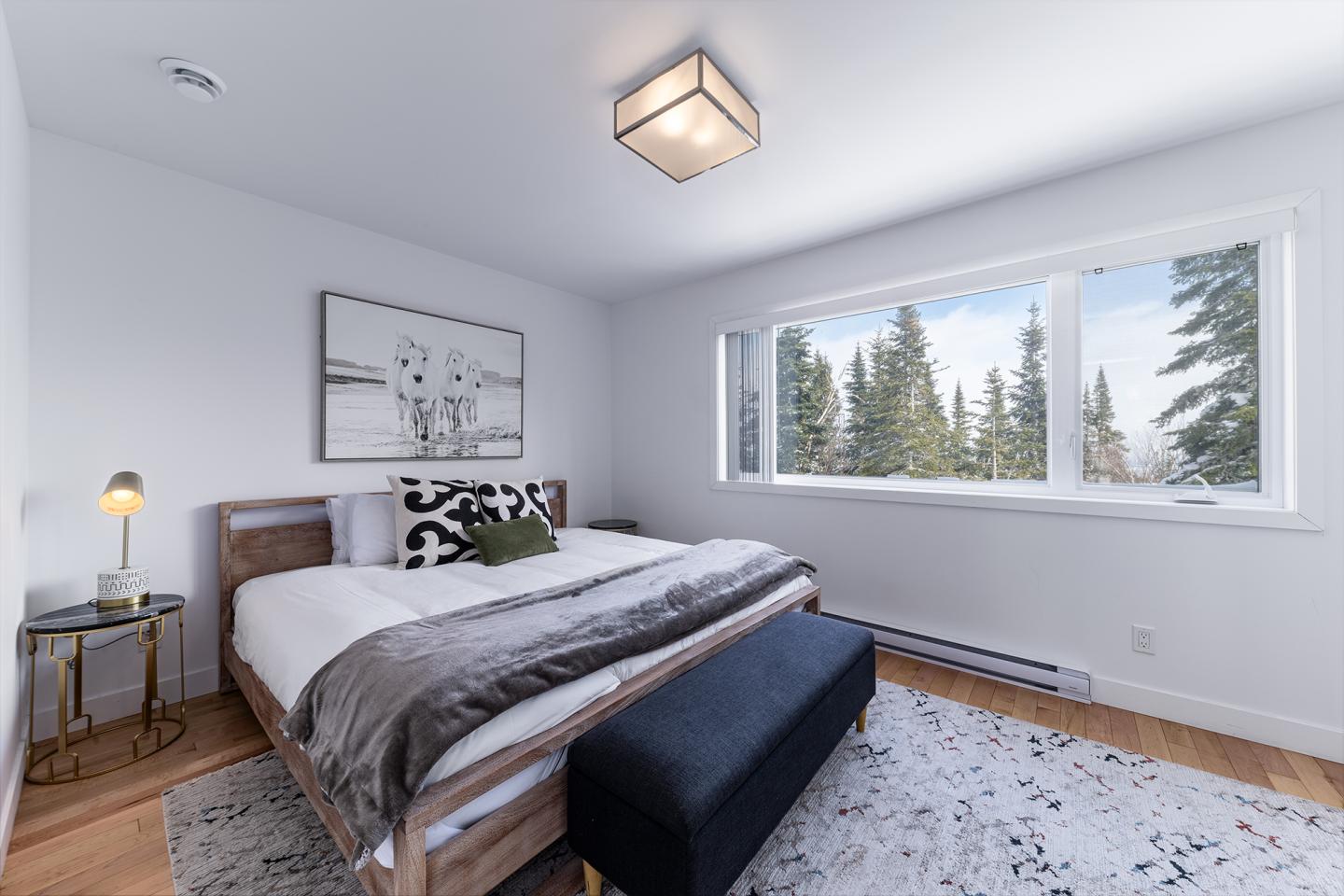 Chambre lumineuse avec lit double, fenêtre donnant sur des arbres.