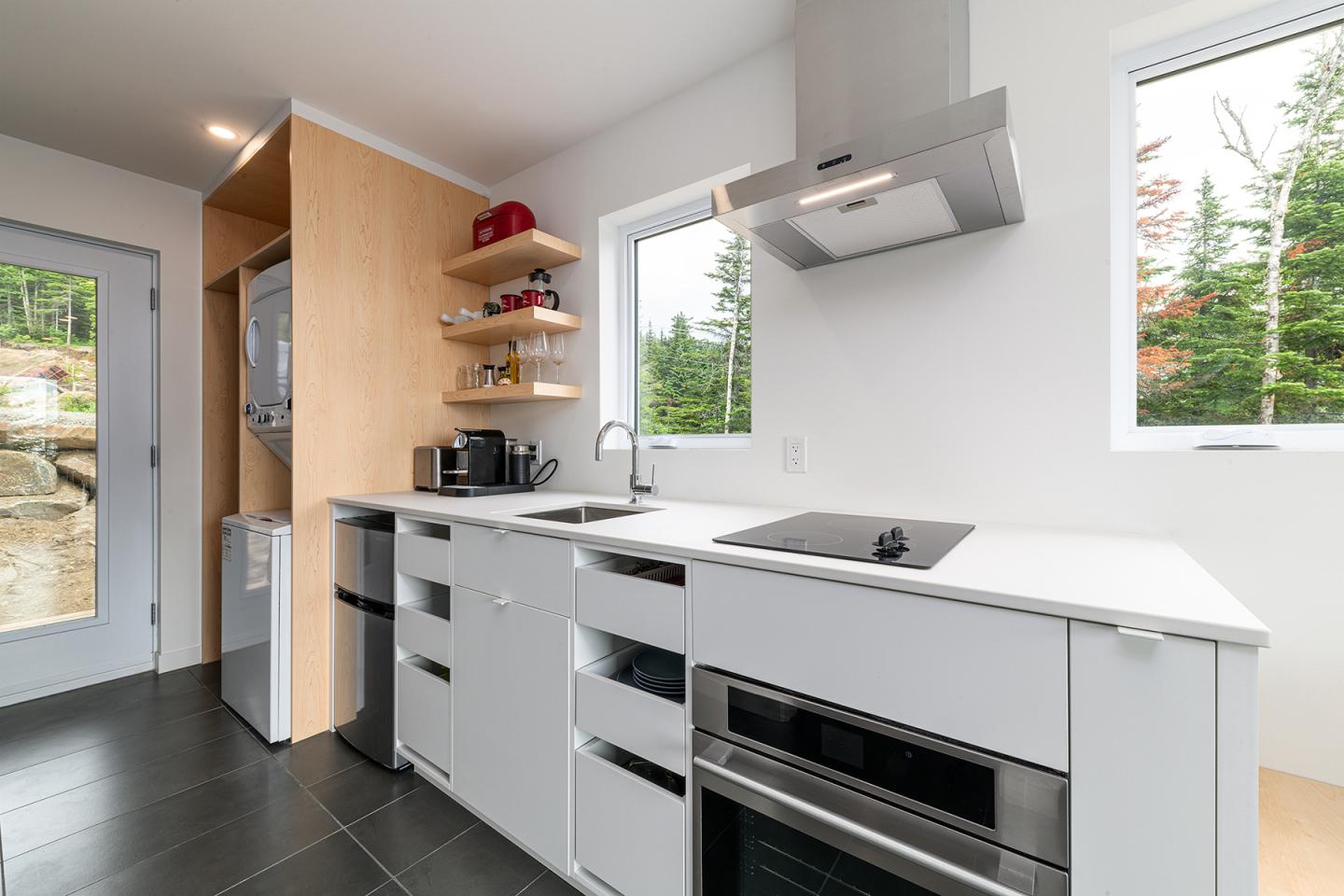 Cuisine moderne avec plaques de cuisson, évier, et étagères en bois. Fenêtres avec vue sur forêt.