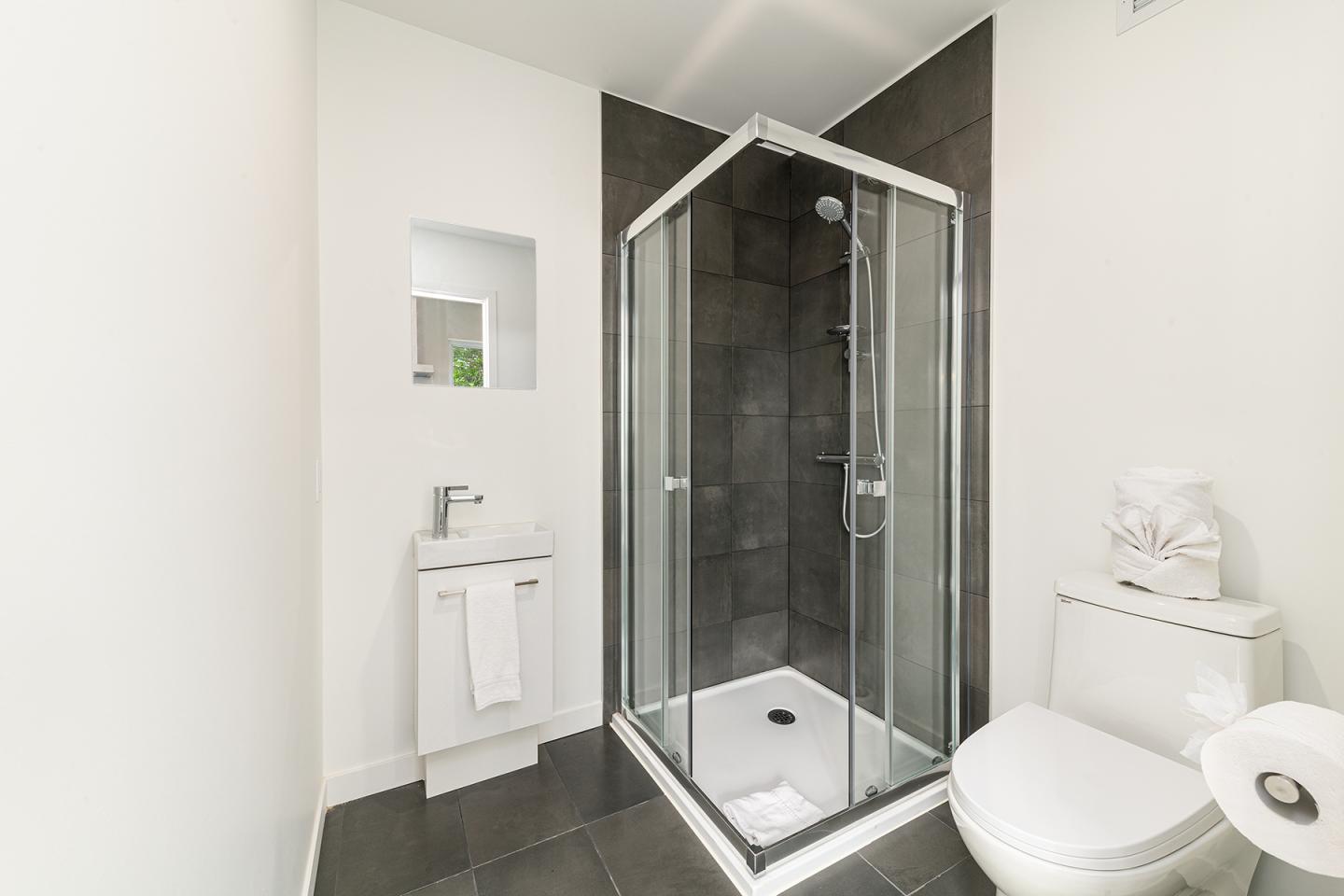 Salle de bain moderne avec douche vitrée et carrelage gris.