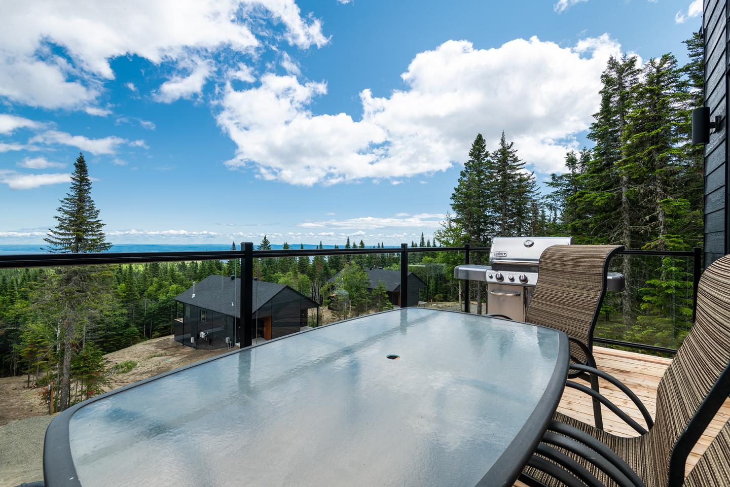 Terrasse avec table en verre, chaises et barbecue, vue sur forêt et ciel bleu.