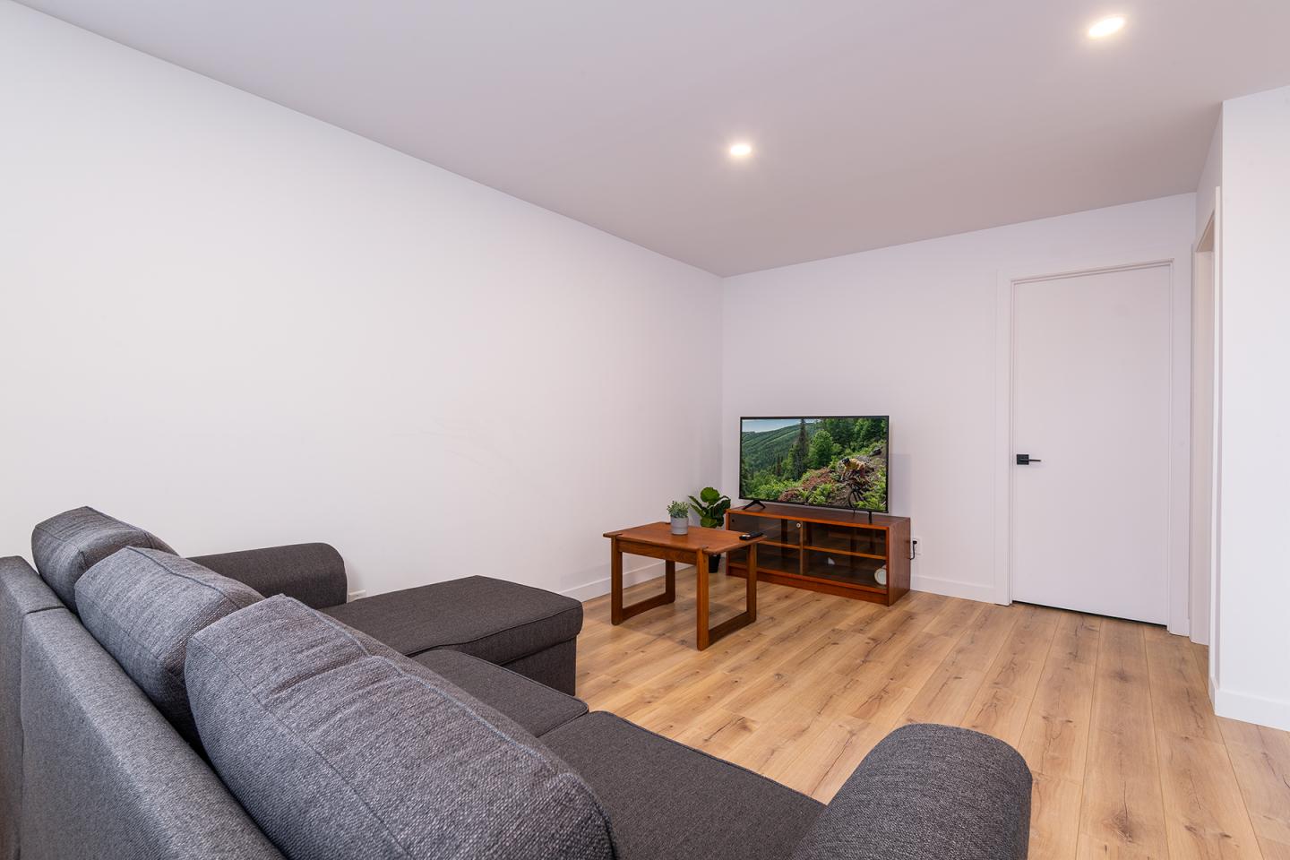 Salon minimaliste avec canapé gris, télévision sur meuble bas, sol en bois.