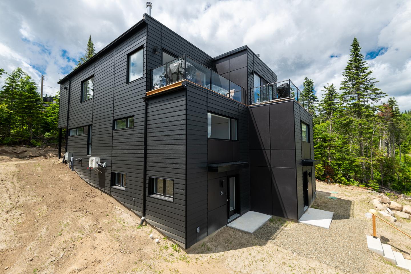 Maison moderne noire avec terrasse, entourée de forêt verdoyante.