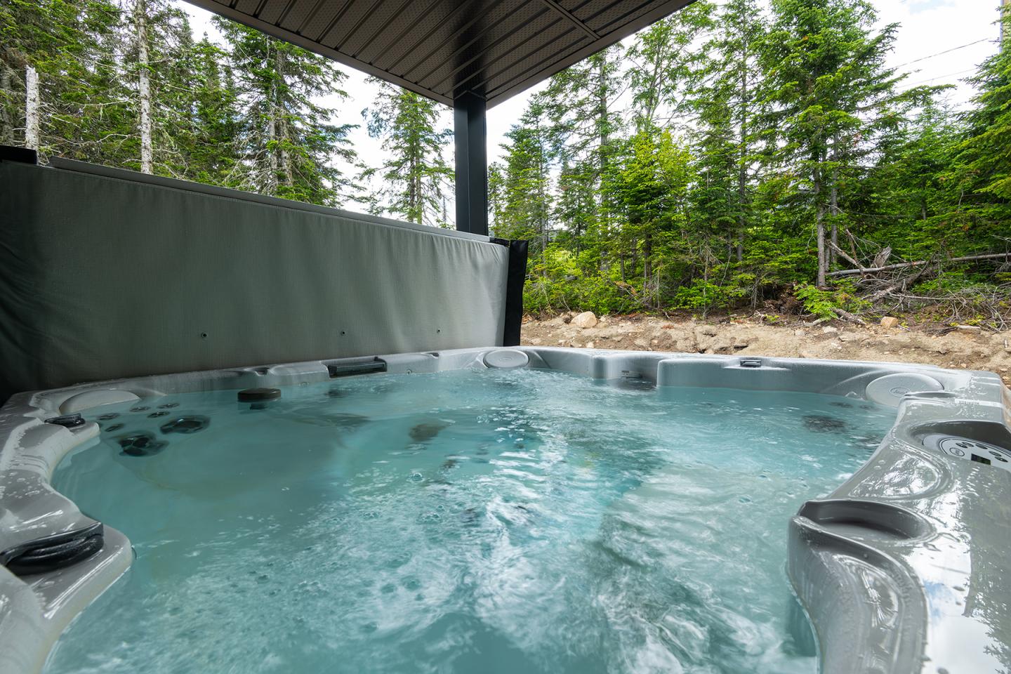 Jacuzzi extérieur sous abri, entouré de forêt verdoyante.