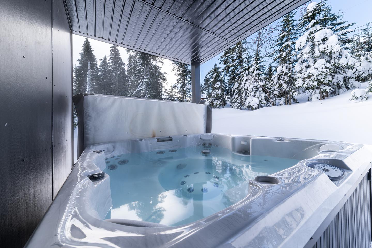 Jacuzzi extérieur sous abri, entouré de neige et de sapins.