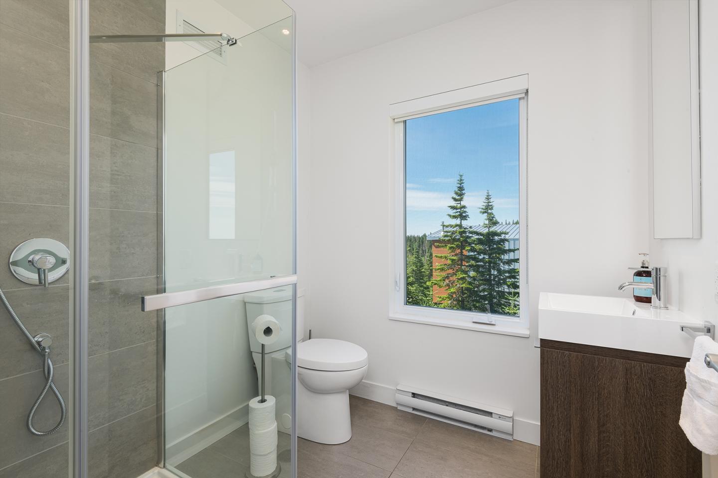 Salle de bain moderne avec douche, fenêtre donnant sur forêt, et lavabo blanc.