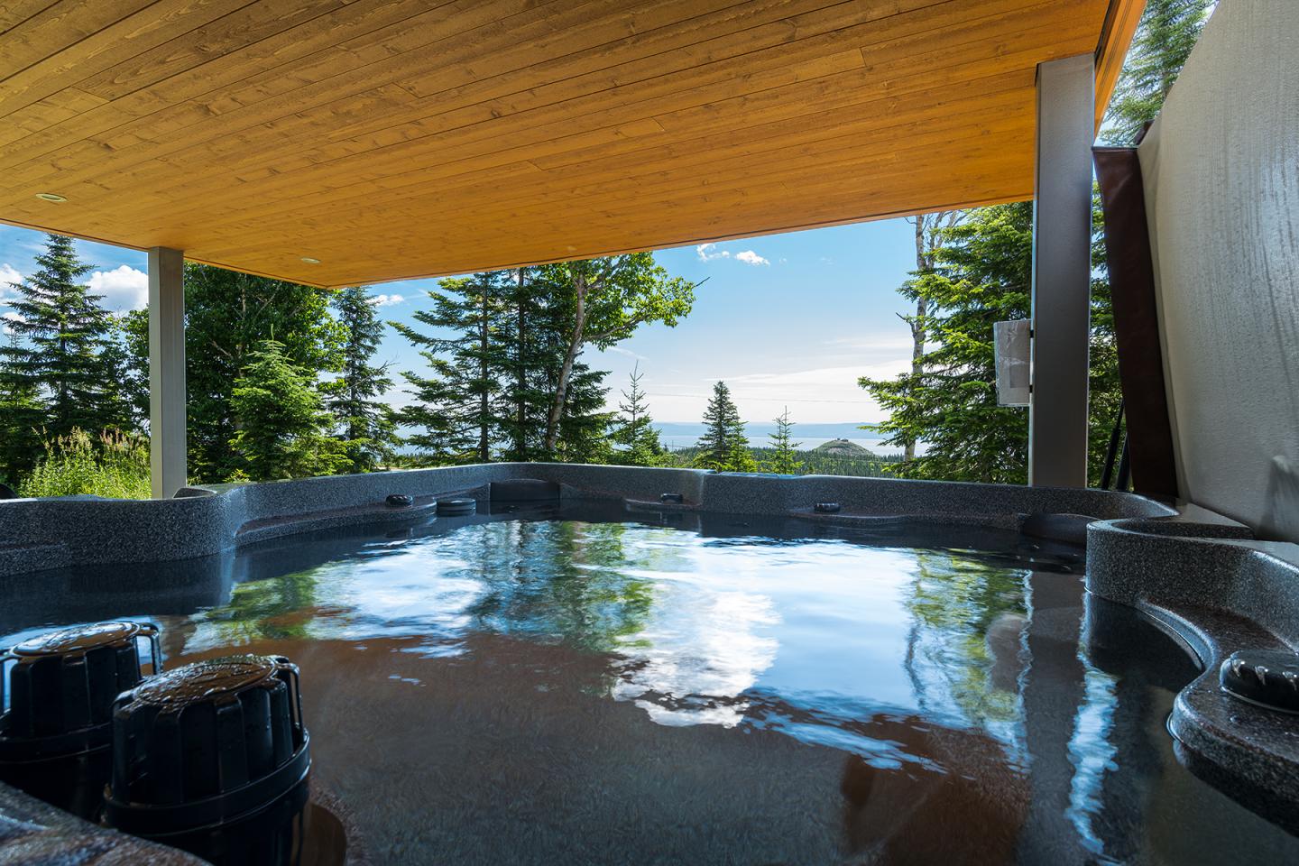 Jacuzzi en plein air, vue sur forêt et ciel bleu.