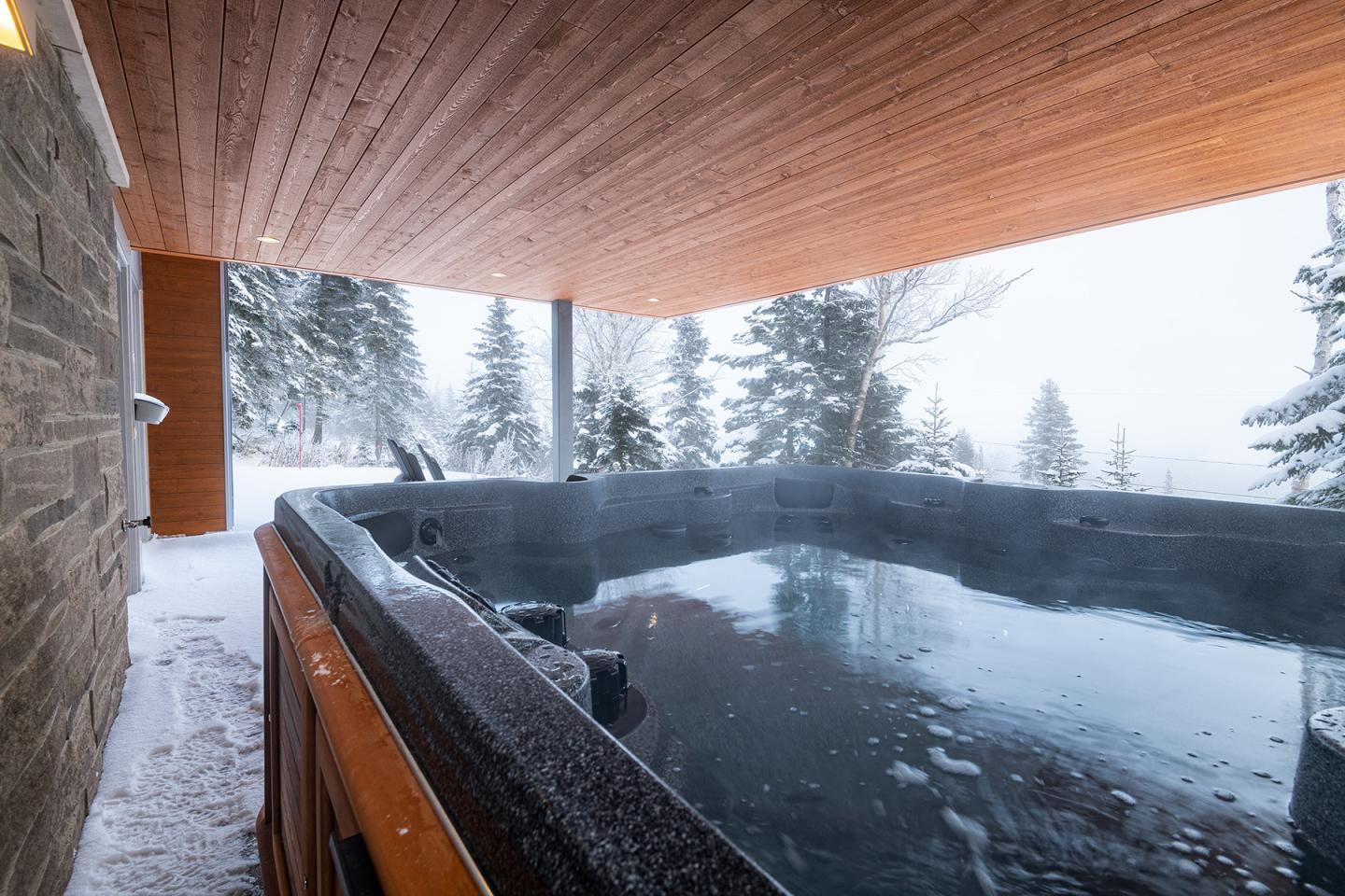 Jacuzzi extérieur sous un auvent en bois, entouré de neige et de sapins.