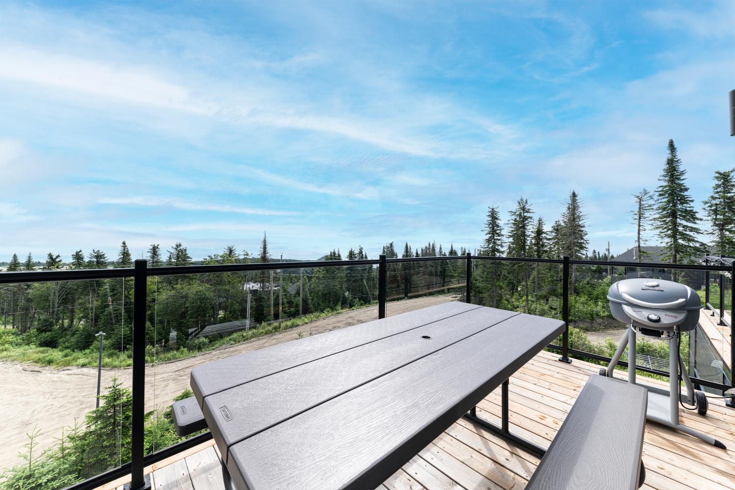 Table de pique-nique en bois sur terrasse, vue sur forêt et ciel bleu.