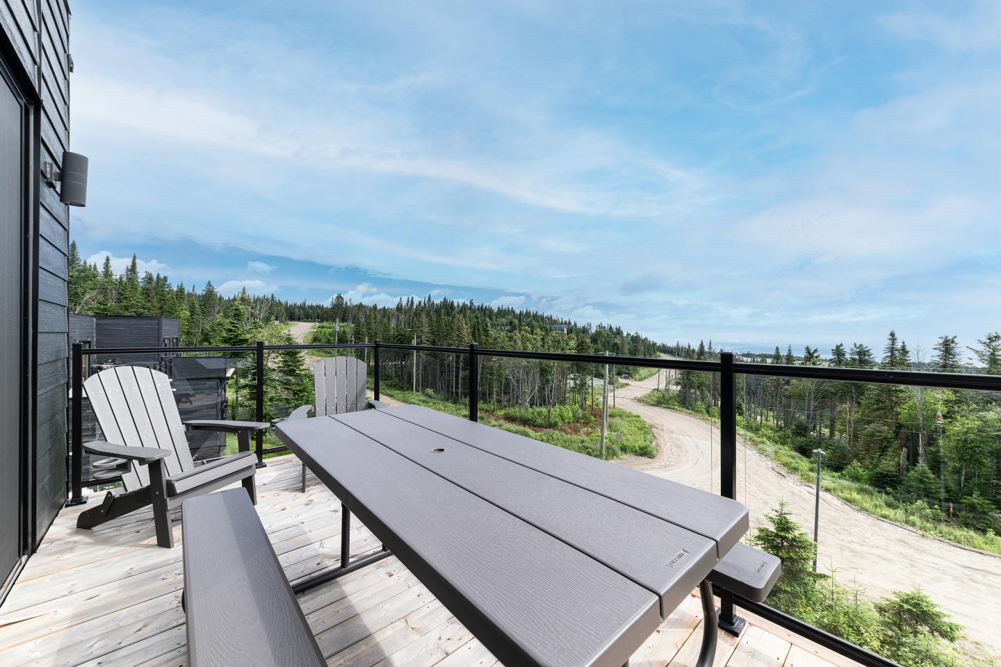 Terrasse avec table, chaises, vue sur forêt et ciel bleu.