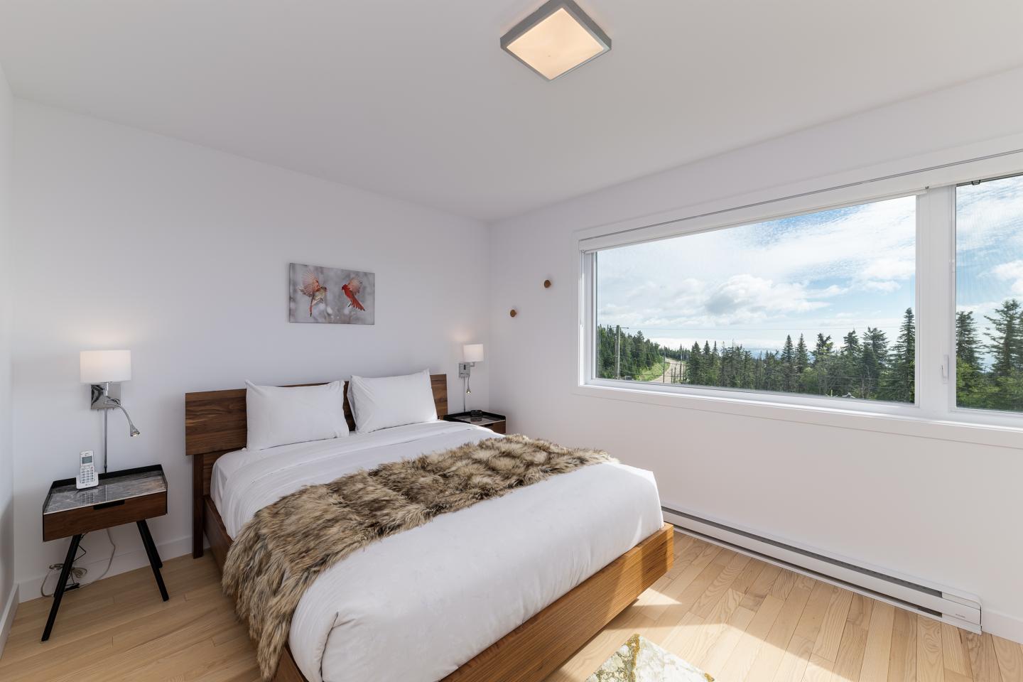 Chambre moderne, lit double, grande fenêtre avec vue sur la forêt.