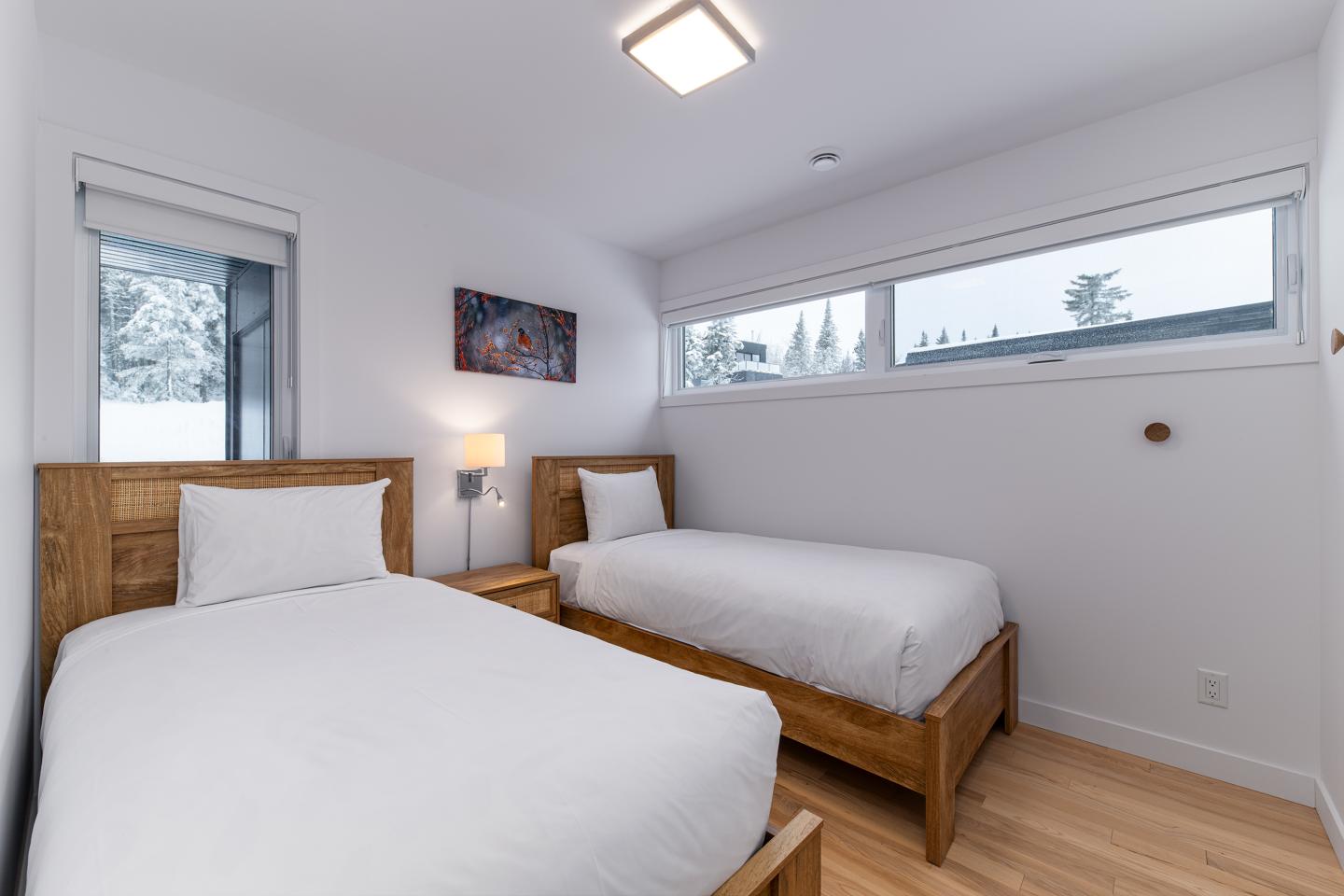 Deux lits simples dans une chambre blanche avec fenêtres et peinture murale.