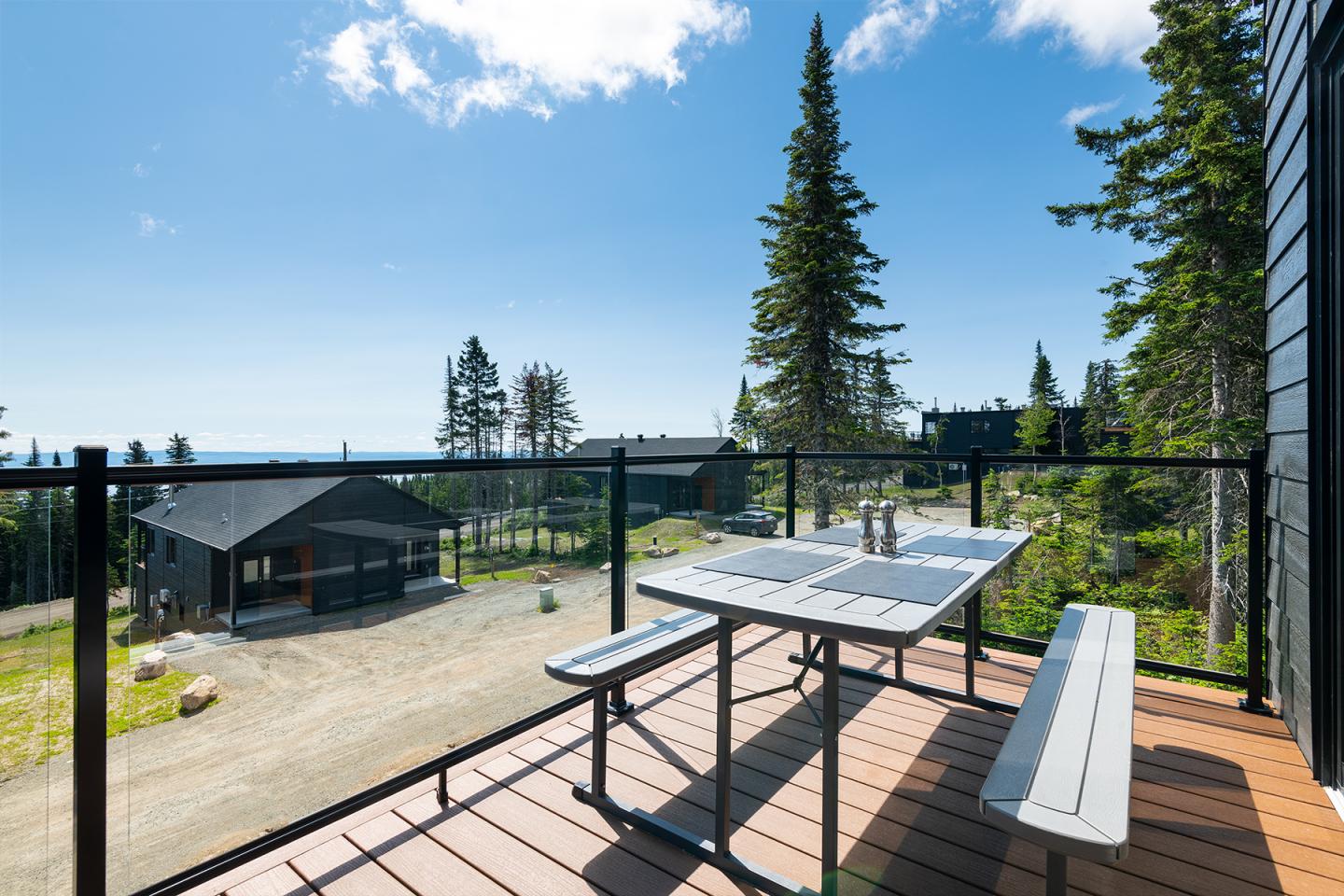 Terrasse avec table, bancs, vue sur forêt et maison au loin, ciel bleu.